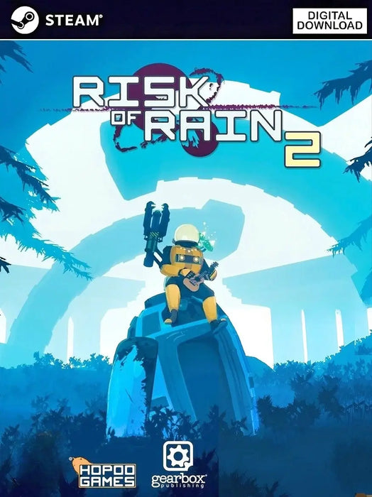 Risk of Rain 2 cover art for PC Steam, displaying the iconic survivor sitting on a pod in a mysterious blue forest. Purchase your Risk of Rain 2 Steam CD Key at RushGame.co for secure and instant digital delivery