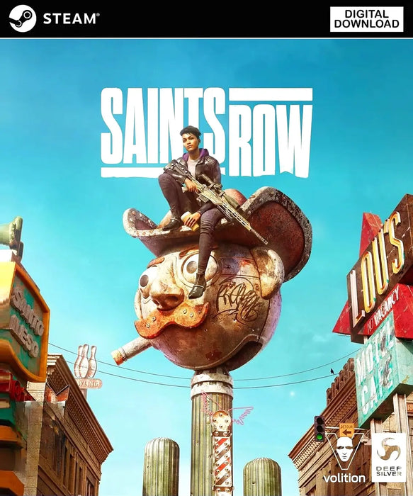 cover art for Saints Row Steam Key, depicting a character with a rifle sitting on top of a giant cartoon head statue in a colorful cityscape. Purchase your digital Saints Row Steam key from RushGame.co and start your adventure now.