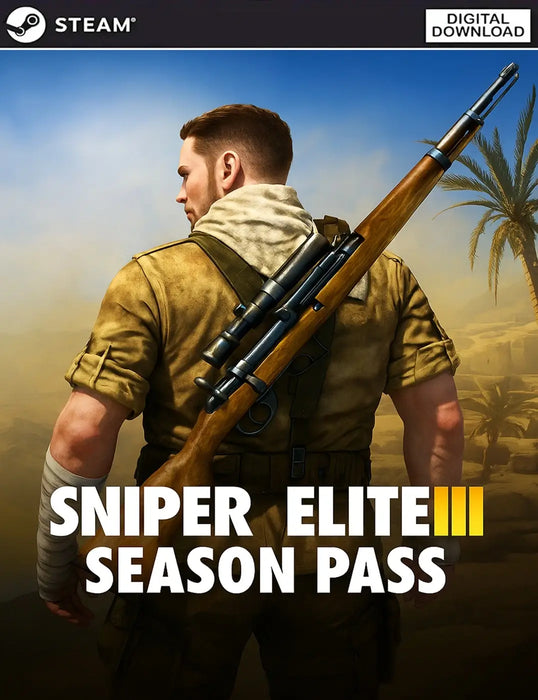Cover art for Sniper Elite 3 Season Pass Steam Key, featuring the main character in a desert setting with rifle slung on his back. Get your Sniper Elite 3 DLC key instantly at RushGame.co and expand your World War II experience