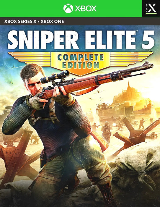 Sniper Elite 5 Complete Edition Xbox One cover featuring the main character aiming with a sniper rifle in a battle scene. Buy your Xbox digital key at RushGame.co
