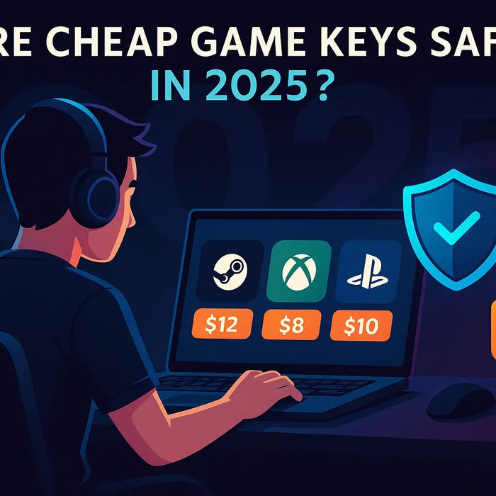 Blog header image showing a gamer comparing cheap digital game keys for Steam, Xbox and PlayStation in 2025 with security shield and padlock icons, illustrating how to buy cheap game codes safely online at RushGame.co.