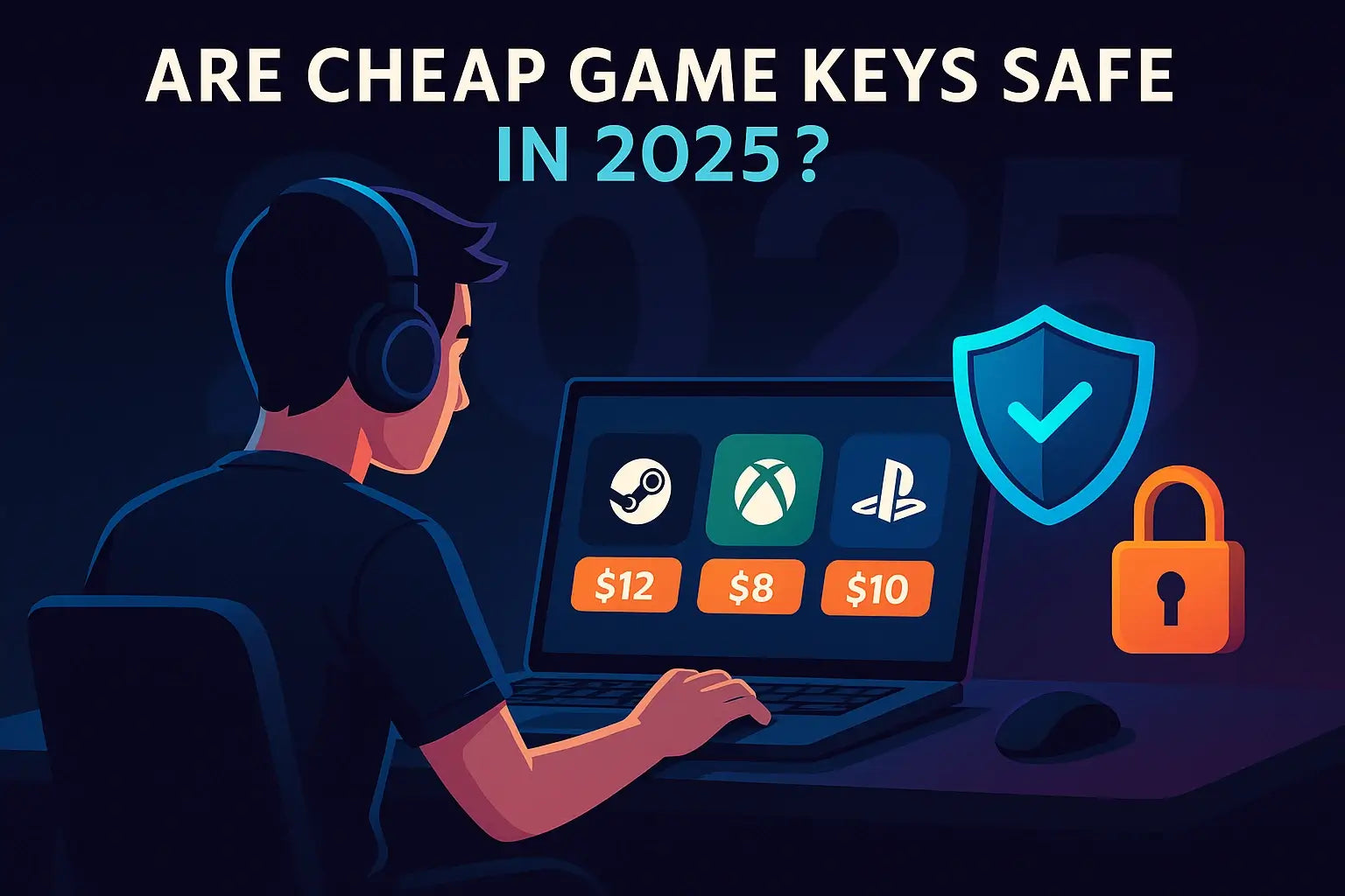 Blog header image showing a gamer comparing cheap digital game keys for Steam, Xbox and PlayStation in 2025 with security shield and padlock icons, illustrating how to buy cheap game codes safely online at RushGame.co.