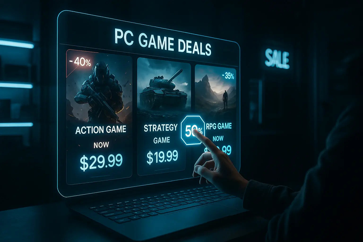 Futuristic laptop screen displaying PC game deals with big discounts on action, strategy and RPG titles while a gamer taps a 50% off offer – concept image for finding cheap PC game keys online in 2025 at RushGame.co