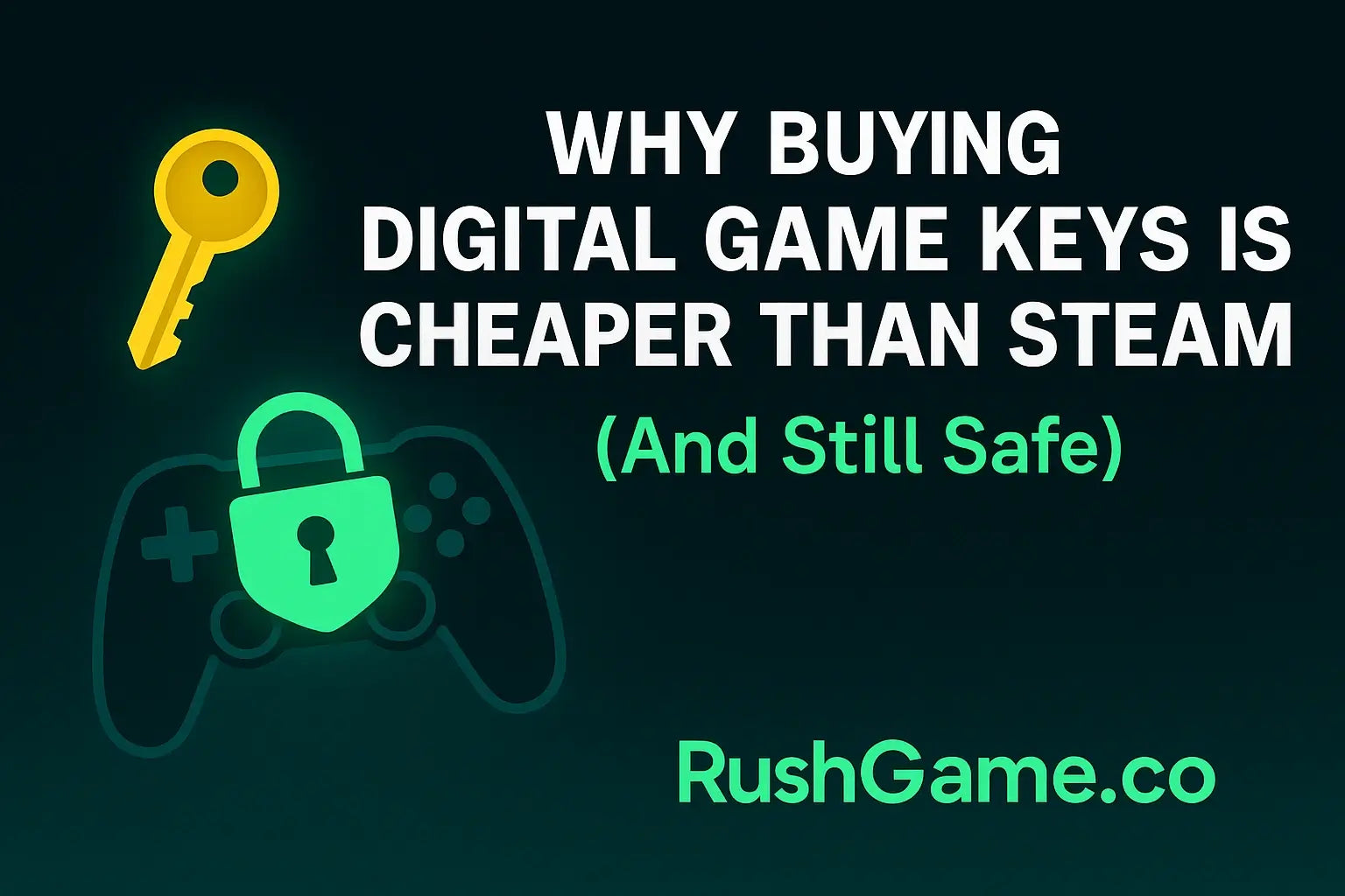 Feature image for article "Why Buying Digital Game Keys Is Cheaper Than Steam (And Still Safe)" with a key, locked game controller and RushGame.co logo, highlighting safe cheap Steam alternatives