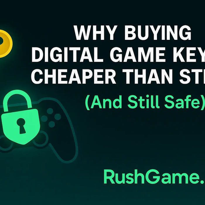 Feature image for article "Why Buying Digital Game Keys Is Cheaper Than Steam (And Still Safe)" with a key, locked game controller and RushGame.co logo, highlighting safe cheap Steam alternatives
