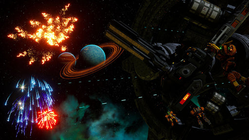 A thrilling space battle scene from Fantavision 202X on PS5, showcasing mechs, spacecraft, and dazzling fireworks exploding in the cosmic backdrop. Experience the excitement—get your Fantavision 202X CD Key at RushGame.co today