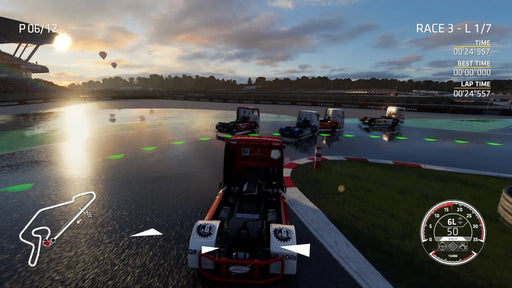 FIA European Truck Racing Championship Gameplay Screenshot (Wet Track) In-game screenshot from FIA European Truck Racing Championship on Xbox One, featuring intense truck racing on a wet track with sunset reflections. Experience high-speed competitive truck racing with realistic weather effects. Buy your game key now at RushGame.co