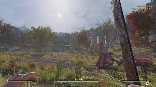 Gameplay screenshot - A player wields a melee weapon while exploring a lush, autumn-colored countryside with farmhouses and silos in Fallout 76. Survive, craft, and thrive in the multiplayer wasteland with Fallout 76 PC Steam CD Key, available for instant download at RushGame.co