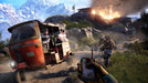 Intense firefight in Far Cry 4 on PC, featuring a player aiming a remote detonator while a bandit fires from a red auto rickshaw, with a burning building in the background. Buy your Ubisoft Connect CD Key today at RushGame.co and dive into this thrilling open-world adventure