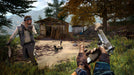 Far Cry 4 gameplay screenshot for PC, featuring a tense standoff between the player and a hostile enemy wielding a machete, with a fierce honey badger in the foreground. Secure your Ubisoft Connect CD Key now at RushGame.co and explore the dangerous world of Kyrat