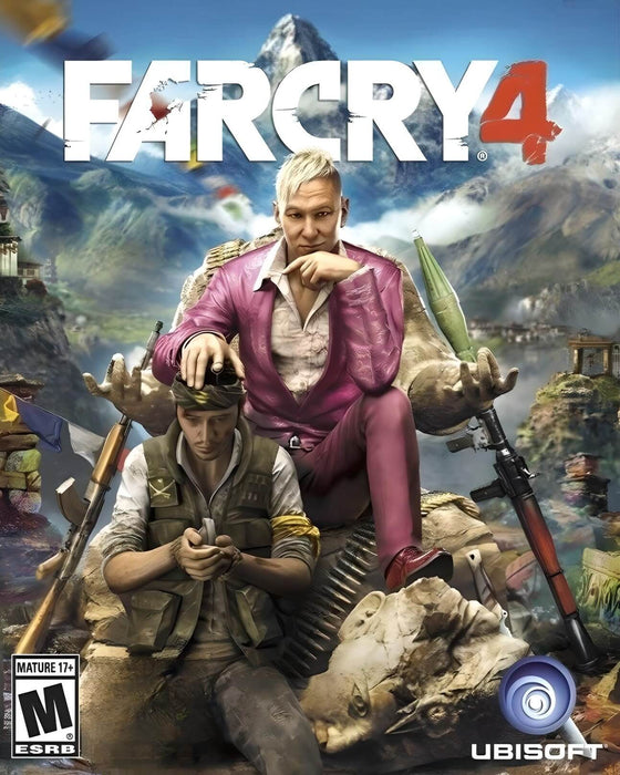 Far Cry 4 cover art featuring antagonist Pagan Min in a pink suit, sitting on a throne made of rubble with a kneeling soldier below. Secure your Far Cry 4 PC Ubisoft Connect Key at RushGame.co