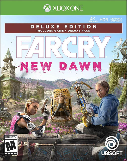 Cover art for Far Cry: New Dawn Deluxe Edition on Xbox One, featuring the twin antagonists Mickey and Lou in a vibrant post-apocalyptic setting. Get your Xbox digital activation key now at RushGame.co and fight for survival in a transformed Hope County