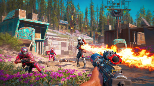 Gameplay screenshot - Firefight with Enemies -Intense action scene from Far Cry: New Dawn on Xbox One, as the player fires a flamethrower at approaching enemies dressed in colorful armor. Immerse yourself in fast-paced combat—get your game key today at RushGame.co