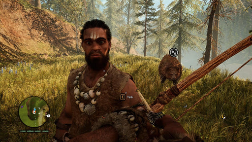 Gameplay screenshot from Far Cry Primal on Xbox One, showing the player interacting with a tribal warrior in a lush prehistoric environment. Tame wild beasts and survive the Stone Age—buy your digital game key now at RushGame.co