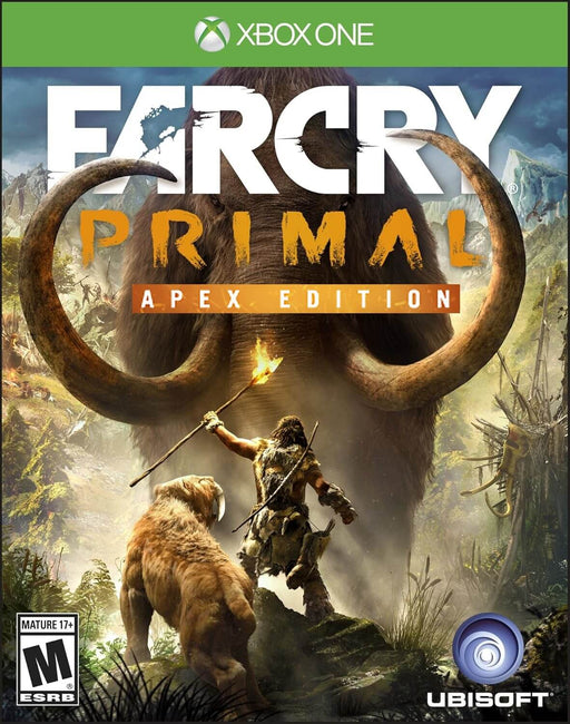 cover art for Far Cry Primal Apex Edition on Xbox One, featuring a prehistoric warrior with a spear and a torch, standing alongside a saber-toothed tiger, facing a massive woolly mammoth. Get your digital activation key now at RushGame.co and experience the Stone Age like never before