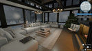 House Flipper PC Steam - Spacious glass-walled living room with a gray sofa and fireplace