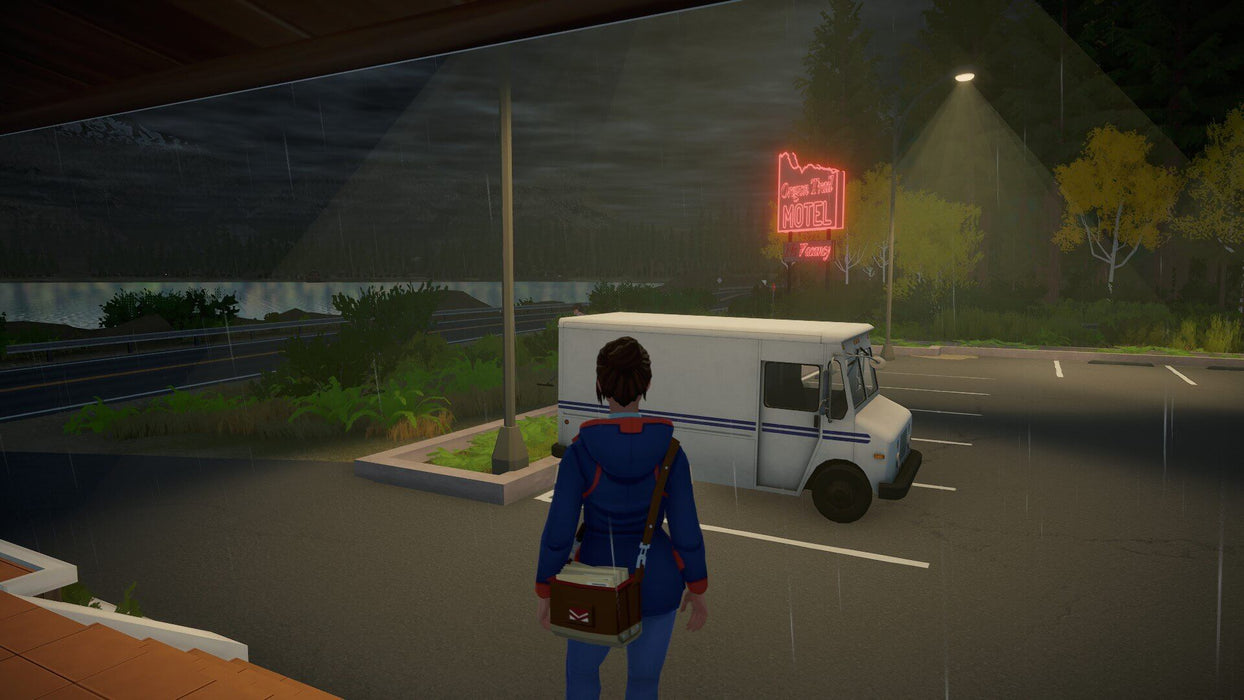 Lake Steam PC game - Main character standing in a parking lot near a white van