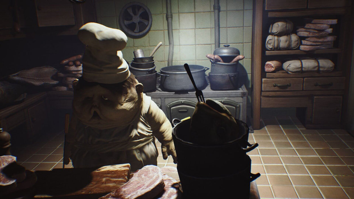 A kitchen scene from Little Nightmares Complete Edition steam code, featuring a grotesque chef wearing a mask, preparing a mysterious dish, adding to the claustrophobic and unsettling atmosphere of the game.