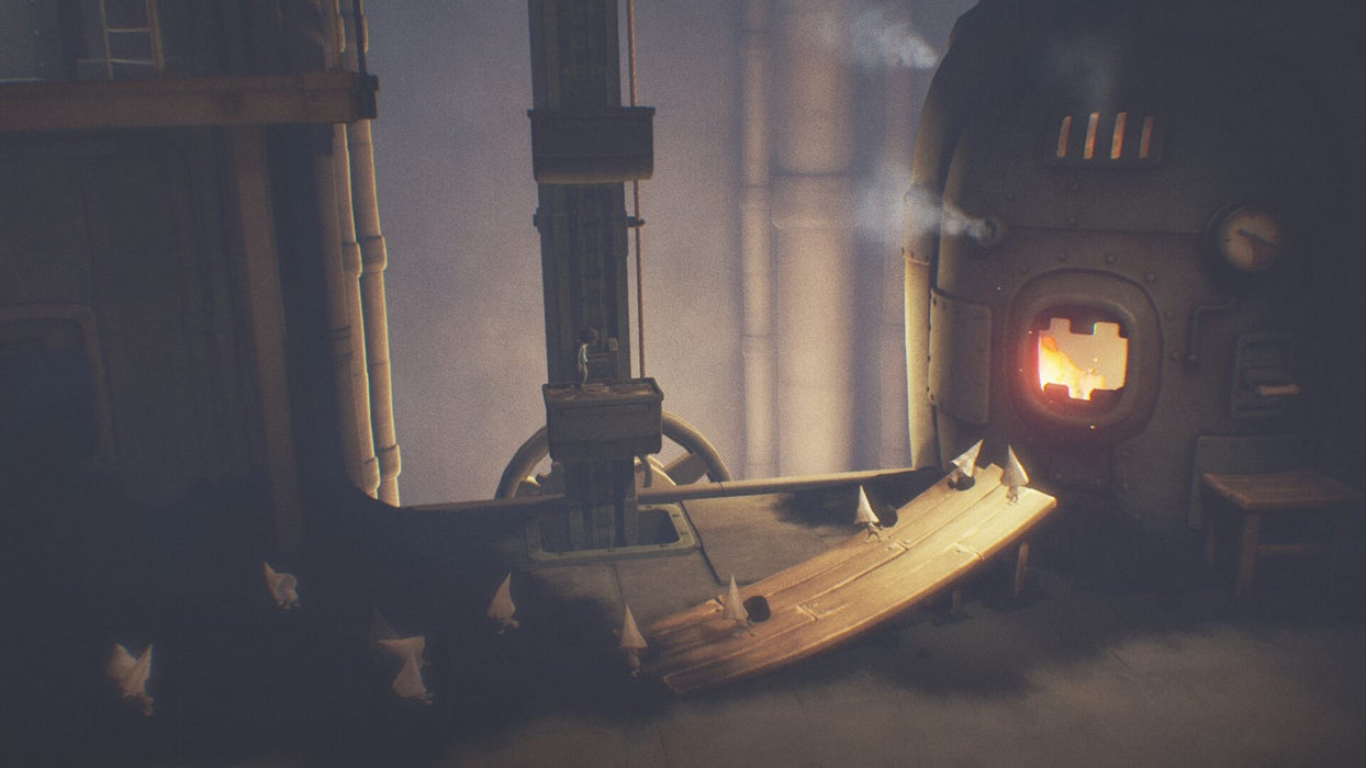 The protagonist approaches a towering furnace in Little Nightmares PC Steam Key, with small, mysterious figures gathered around. Get your Steam game codes for Little Nightmares instantly at RushGame.co