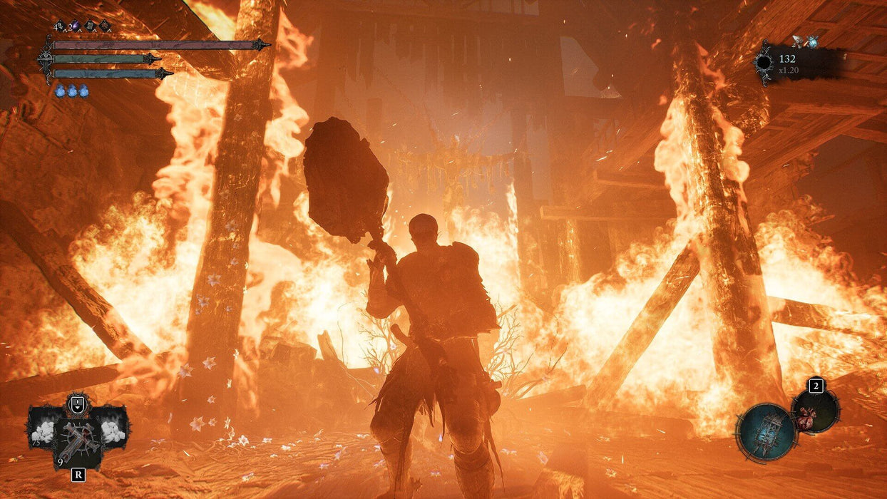 A tense moment as the protagonist faces a fiery challenge in Lords of the Fallen PC Steam Key, surrounded by intense flames. Purchase your Steam game code for Lords of the Fallen at RushGame.co for the best price