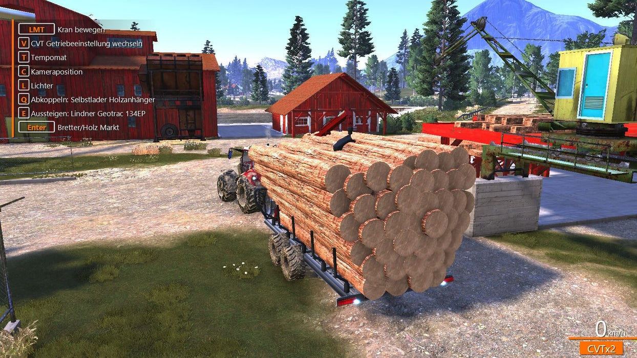 A logging truck loaded with timber is parked in front of a sawmill in Lumberjack's Dynasty steam key, showcasing the game's focus on forestry and resource management