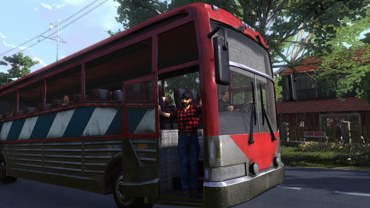 A man in a lumberjack outfit exits a vintage red bus in Lumberjack's Dynasty PC Steam, highlighting the game’s charming rural setting