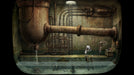 A scene from Machinarium Collector's Edition, showing a small robot in a rusty industrial room with old pipes and a flooded floor, interacting with a strange creature. Available now on RushGame.co