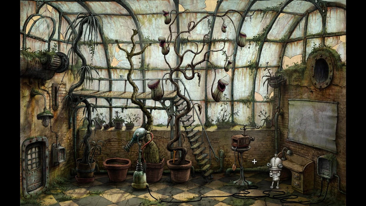 A screenshot from Machinarium Collector's Edition, featuring a robot in a plant-filled greenhouse with broken windows and peculiar machinery. Get your GOG key today on RushGame.co.