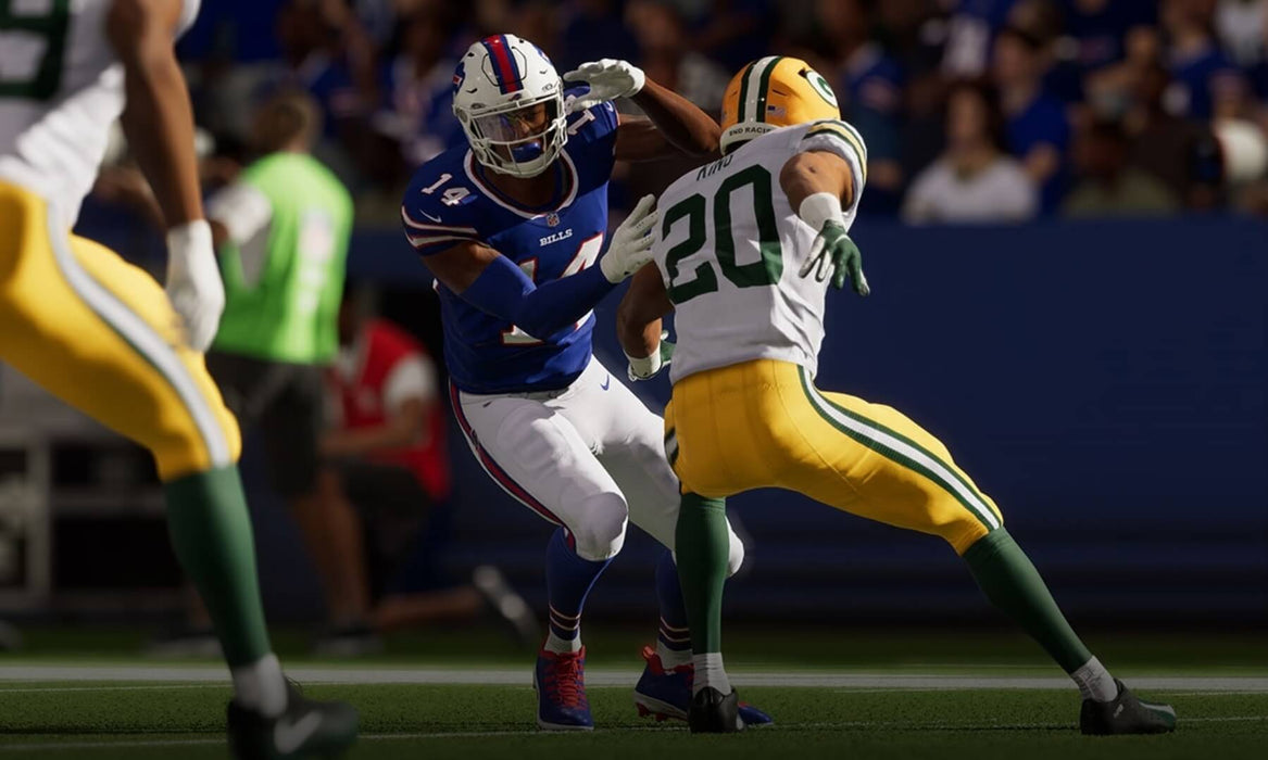 A dramatic close-up in Madden NFL 23 Xbox Series X/S, with a Buffalo Bills player facing off against a Green Bay Packers defender during a dynamic play. Buy Madden NFL 23 Xbox Key on RushGame.co now