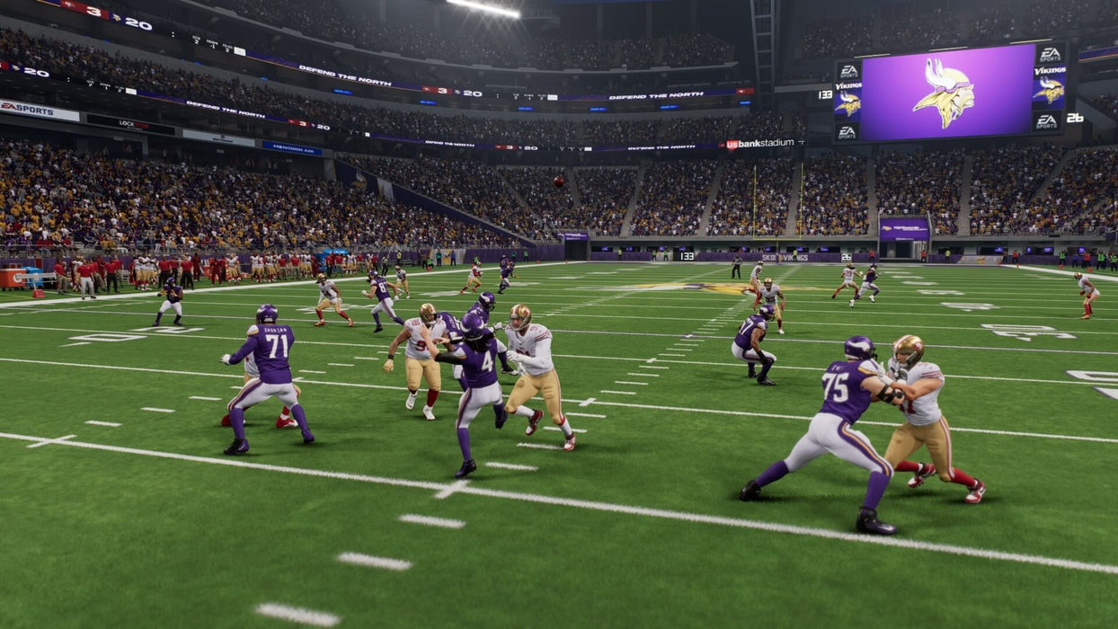 A tense passing play unfolds in Madden NFL 24 on Steam, with the Minnesota Vikings attempting a long pass against the San Francisco 49ers. Purchase Madden NFL 24 on Steam at RushGame.co for the best price