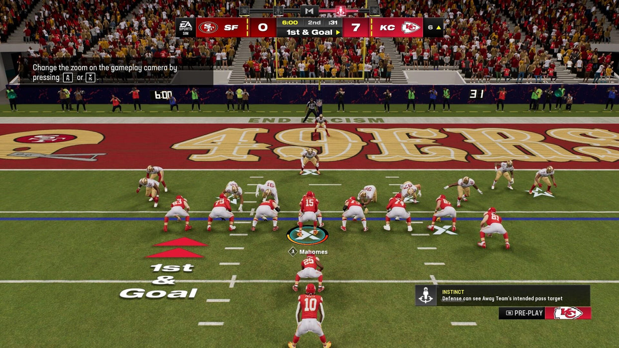 The Kansas City Chiefs prepare for a touchdown play in Madden NFL 24 Deluxe Edition on PS4/PS5, with quarterback Patrick Mahomes leading the charge. Purchase your Madden NFL 24 Deluxe Edition game code today at RushGame.co