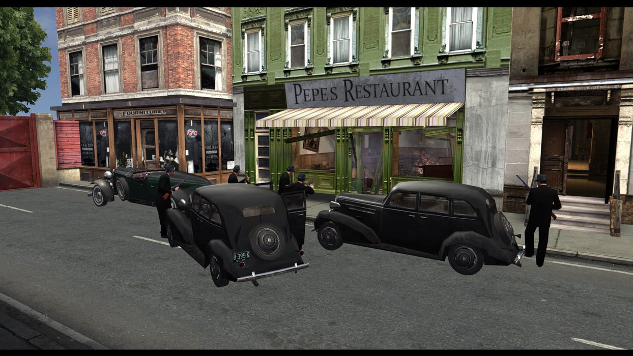 A dramatic shootout scene outside Pepe’s Restaurant in Mafia PC GOG Key, as players witness a 1930s-style gang confrontation. Get your Mafia GOG Key on RushGame.co with instant delivery