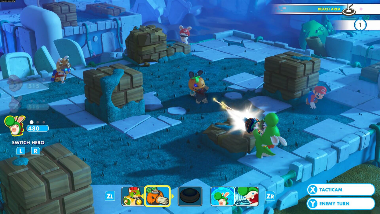 Yoshi and his team fire powerful shots as they battle in a challenging level of Mario + Rabbids: Kingdom Battle on Nintendo Switch. Grab your game key now from RushGame.co