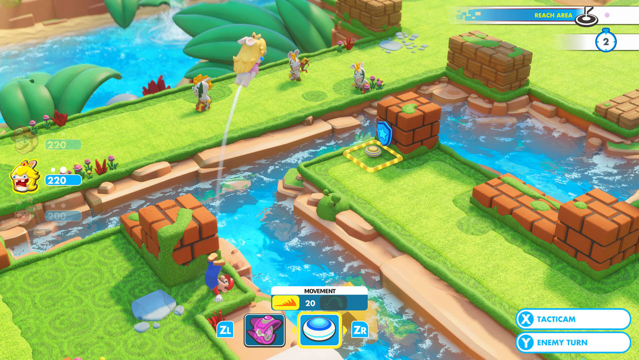 A dynamic scene where characters use cover and strategy to outwit their enemies near flowing waters in Mario + Rabbids: Kingdom Battle on Nintendo Switch. Secure your game key today at RushGame.co