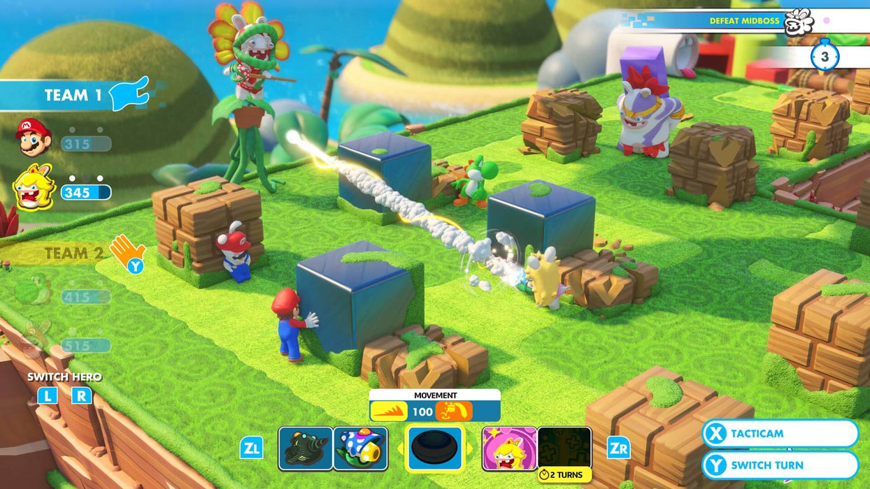 A high-energy battle unfolds as Mario and his team use tactical strategies to defeat a mid-boss in Mario + Rabbids: Kingdom Battle on Nintendo Switch. Experience the adventure with your game key from RushGame.co