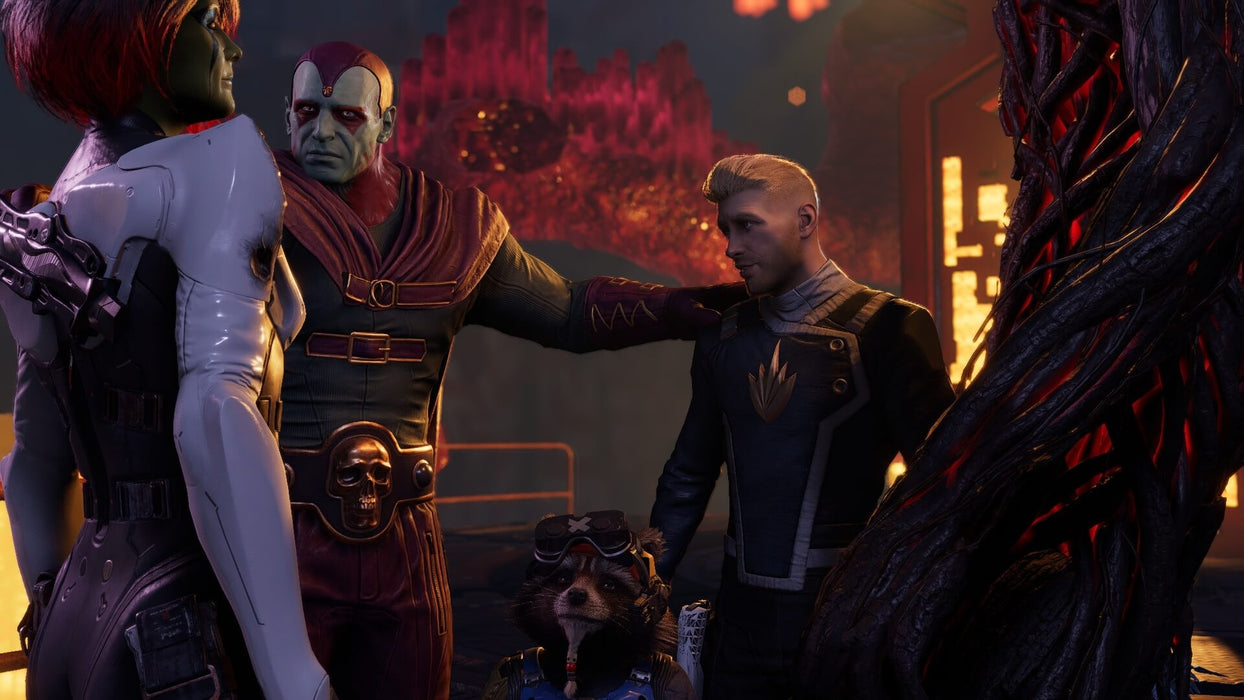 A close-up of Gamora, Drax, Star-Lord, and Rocket engaged in a tense conversation with a mysterious figure in Marvel's Guardians of the Galaxy on PC Steam. Join the cosmic crew and purchase your game key from RushGame.co