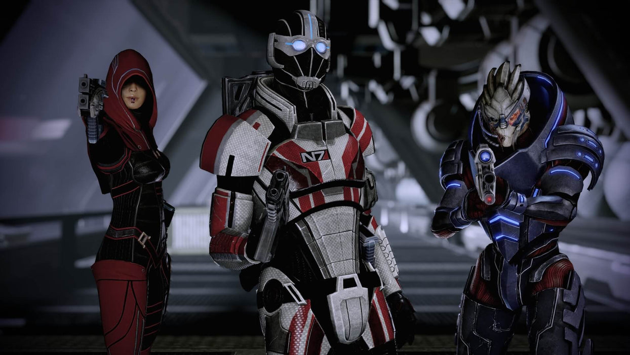 A team of elite squadmates including Garrus and Tali prepares for battle in Mass Effect: Legendary Edition on PC. Experience epic sci-fi combat. Available for purchase at RushGame.co