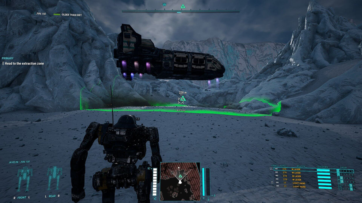 MechWarrior navigating icy terrain towards the extraction zone in MechWarrior 5: Mercenaries on PC. Get your Steam game key at RushGame.co.