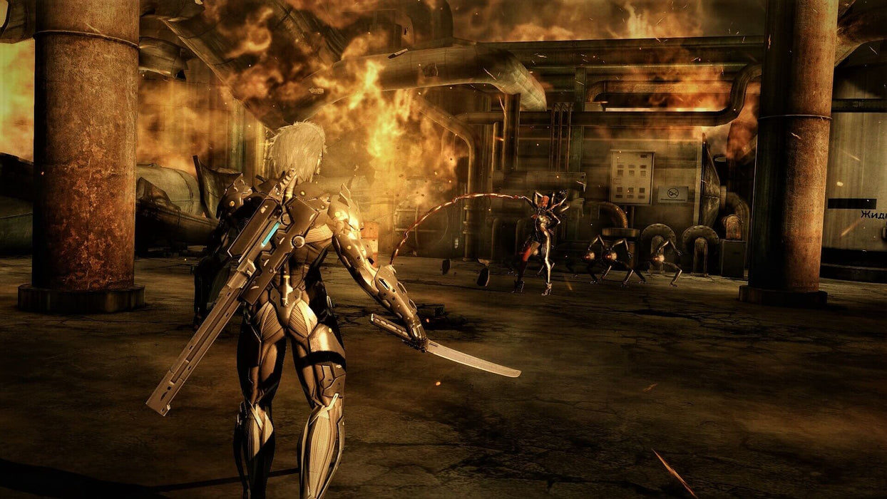 Raiden faces off against a deadly cyborg enemy in a fiery industrial environment in Metal Gear Rising: Revengeance. Purchase your PC game key on Steam at RushGame.co for an adrenaline-packed experience.