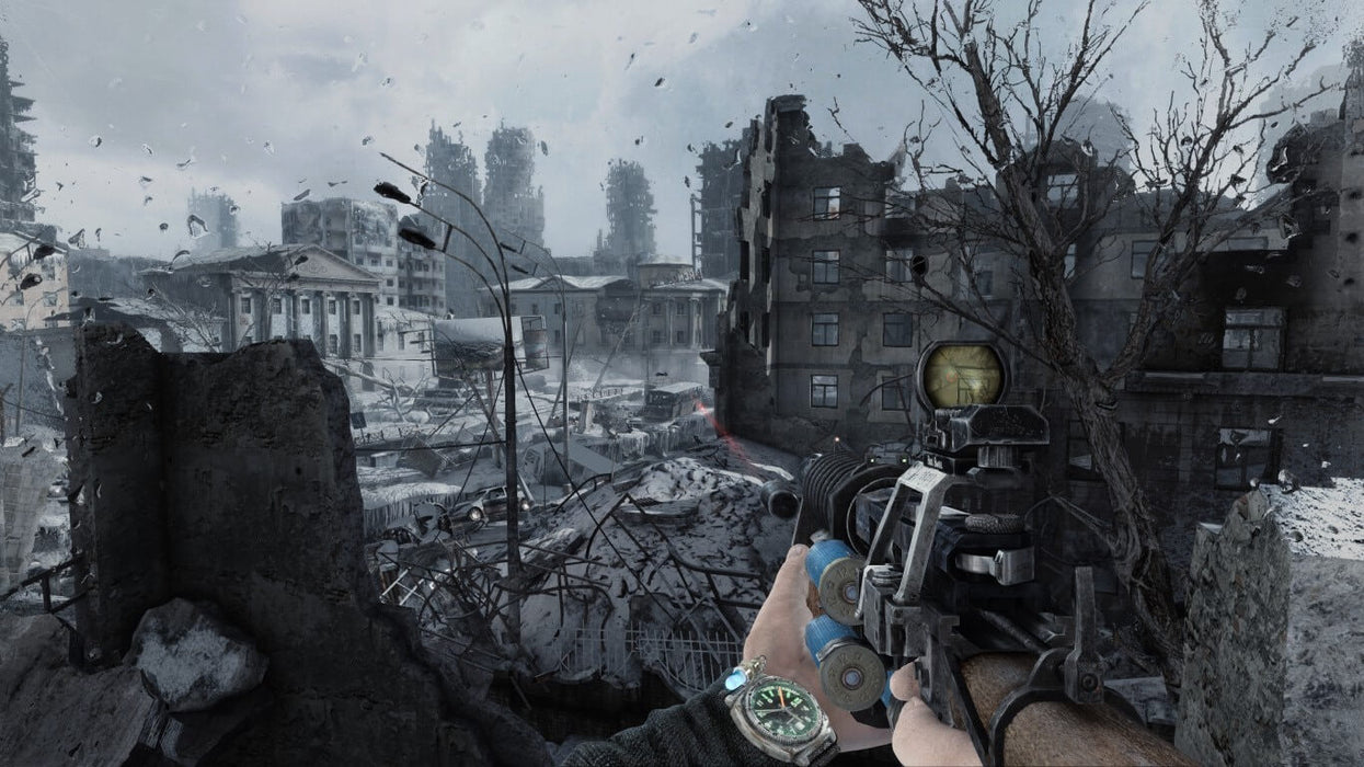 Sniper view in Metro 2033 Redux city ruins – First-person perspective in Metro 2033 Redux, aiming through a sniper scope at a desolate, ruined city. Purchase Metro 2033 Redux on GOG from RushGame.co for an immersive survival experience