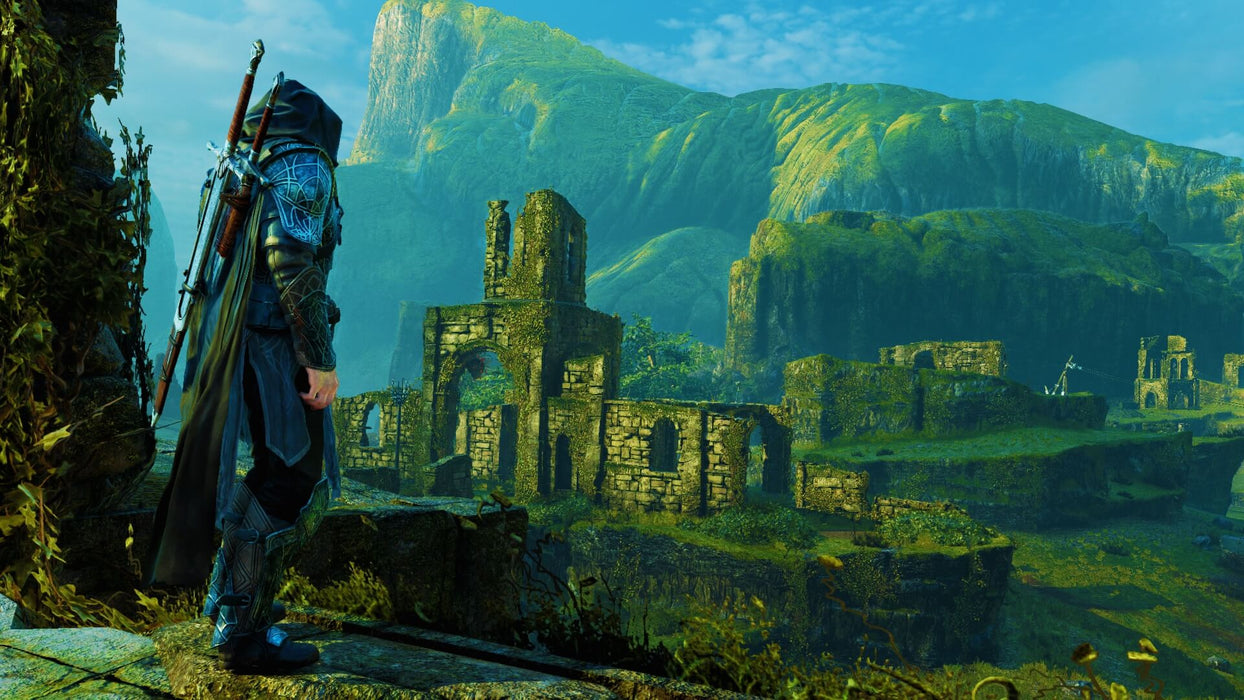 The protagonist overlooking ancient ruins in Middle-earth: Shadow of Mordor GOTY Edition on PC steam, preparing for the next quest. Available on RushGame.co