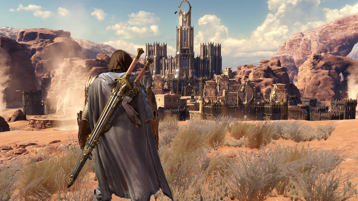 The protagonist gazing at a massive fortress in the desert in Middle-Earth: Shadow of War xbox one key. Purchase your xbox code now at RushGame.co and conquer Mordor.