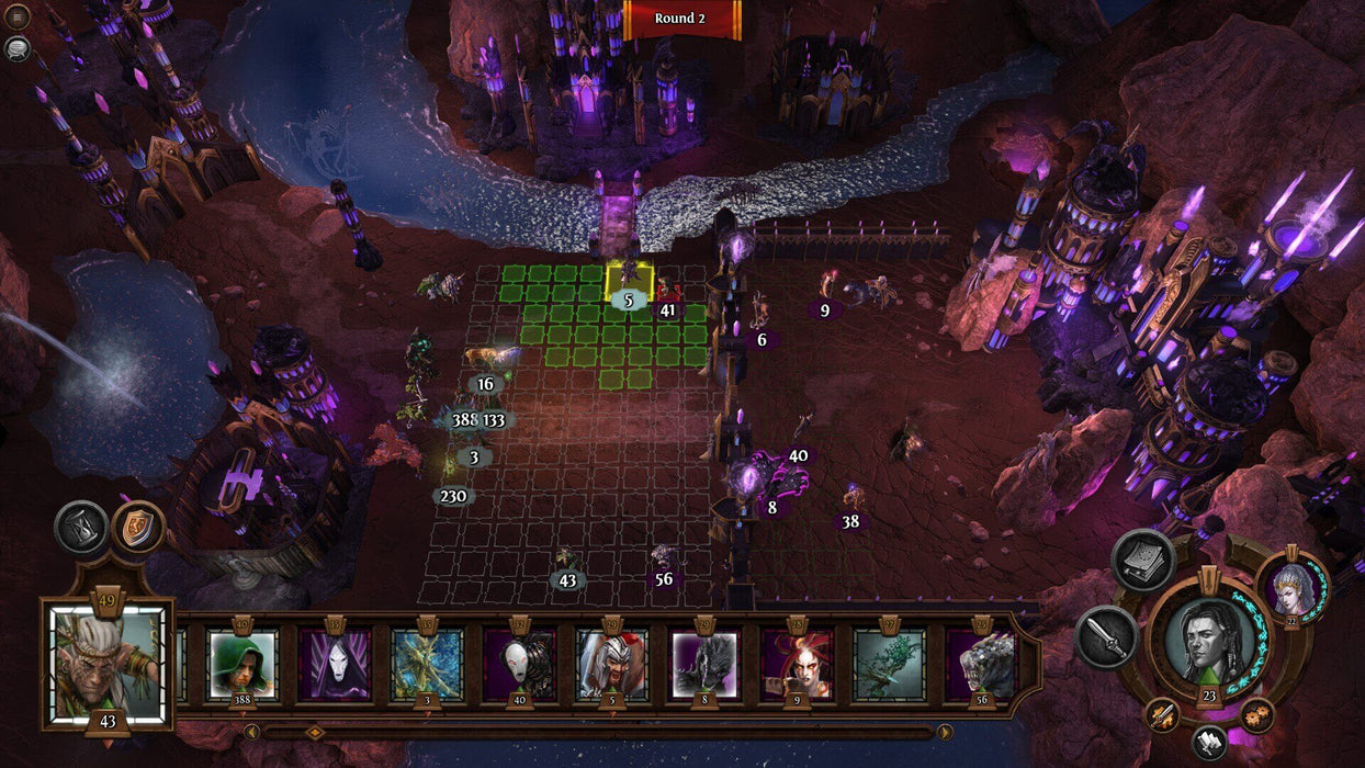 Battle scene in Might & Magic: Heroes VII, showcasing tactical grid-based combat with units and spell effects during a fierce encounter. This epic strategy game is available for purchase at RushGame.co