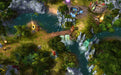 A vibrant adventure map from Might and Magic: Heroes VI for PC Uplay, featuring a hero exploring a lush forest and crossing a bridge over a waterfall. Purchase the game key on RushGame.co.