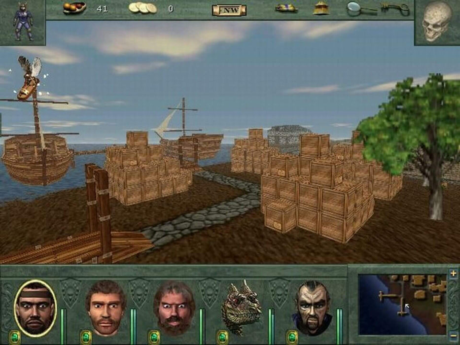 Might and Magic VIII: Day of the Destroyer PC GOG gameplay featuring a coastal scene with crates and docked ships. Explore the detailed environment as characters prepare for an adventure at sea. Available for purchase at RushGame.co