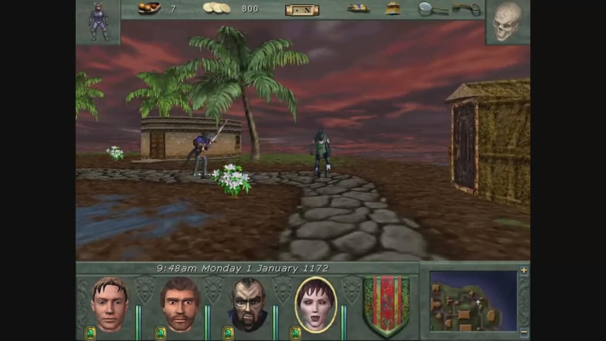 Might and Magic VIII: Day of the Destroyer PC GOG screenshot showcasing characters on a tropical island. Embark on quests amidst vivid landscapes with a setting sun. Get your game key at RushGame.co