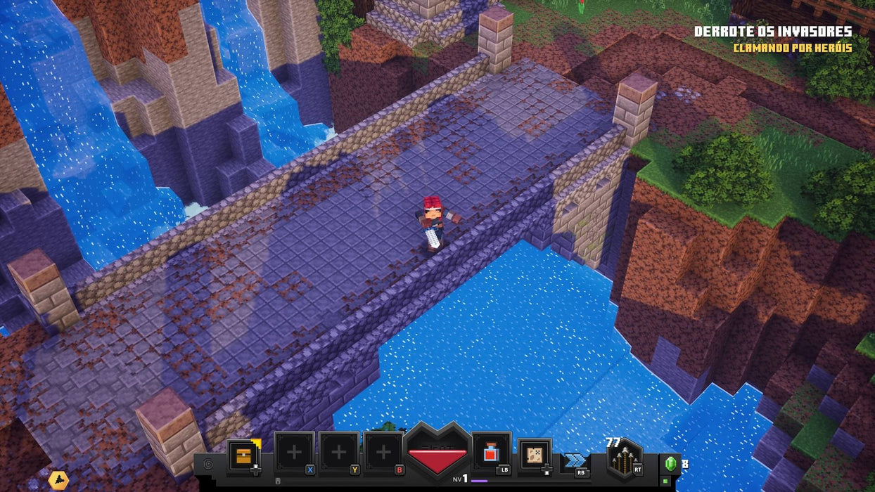 A hero crosses a bridge over a river during a mission in Minecraft Dungeons Ultimate Edition on Nintendo Switch. Game available for purchase at RushGame.co