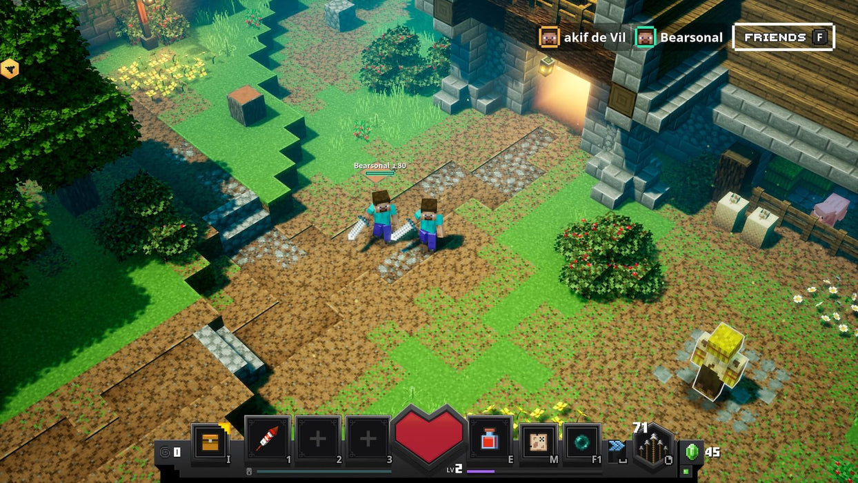 Minecraft Dungeons Xbox one key – two heroes in an isometric view exploring a forest filled with enemies and secrets. Buy the game key at RushGame.co