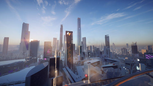 A stunning futuristic cityscape from Mirror's Edge Catalyst on PC EA Play, showcasing towering skyscrapers and sleek architecture. Experience the breathtaking environments in this dynamic action game. Available now on RushGame.co