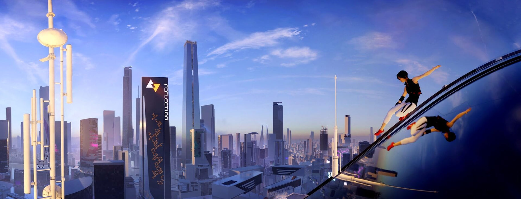 Faith, the protagonist of Mirror's Edge Catalyst, scaling a glass building in a futuristic metropolis. The reflective surfaces and expansive skyline highlight the game’s stunning visuals. Get the PC EA Play game key at RushGame.co